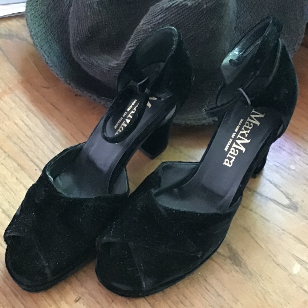MaxMara Black Velvet Ankle-Strap Block Heels